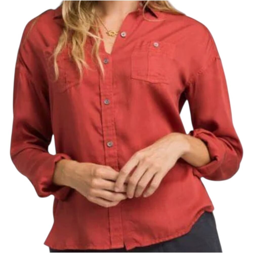 PrAna Updrift Top Button Down Shirt Relaxed Double Chest Pockets Red Small